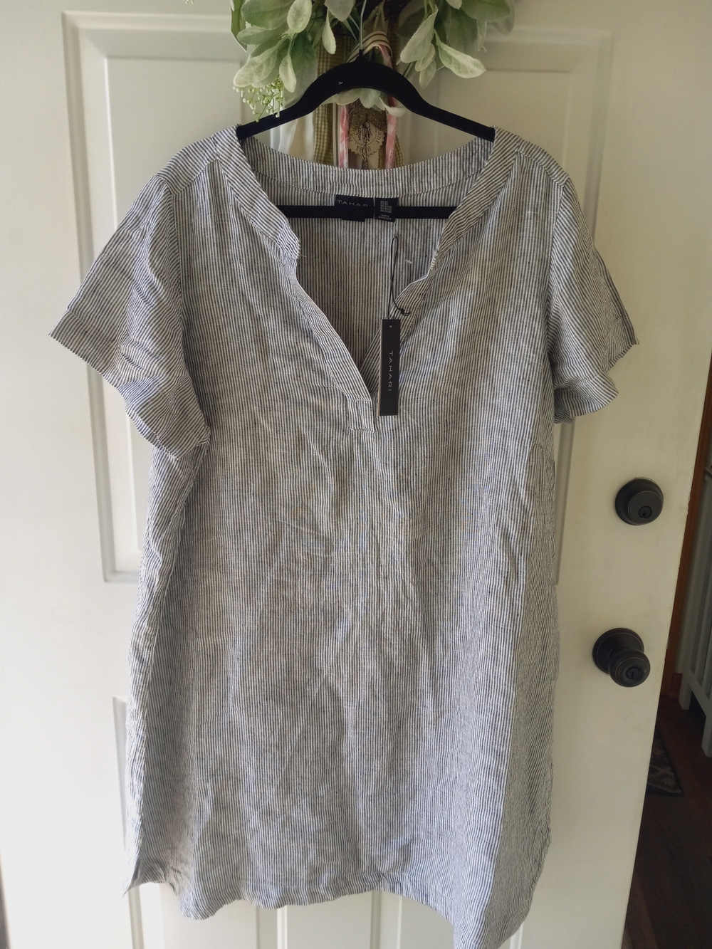 Tahari Navy & White Pinstripe V-Neck Tunic DRESS